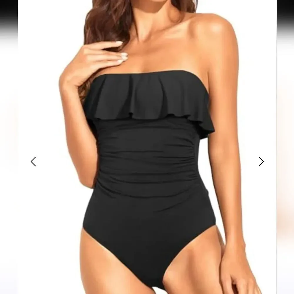 Holipic Elegant Black Ruffle Bandeau Tummy Comtrol One-Piece Swimsuit sz XL